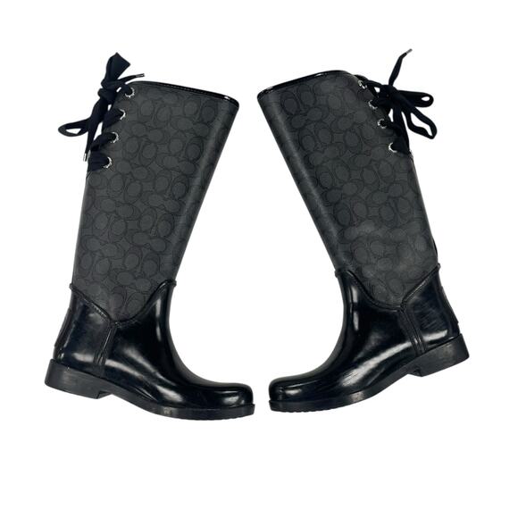 Coach Tristee Rubber Coated Canvas Rain Boots Lace Tie Back Black Gray Womens 7 - Picture 1 of 8
